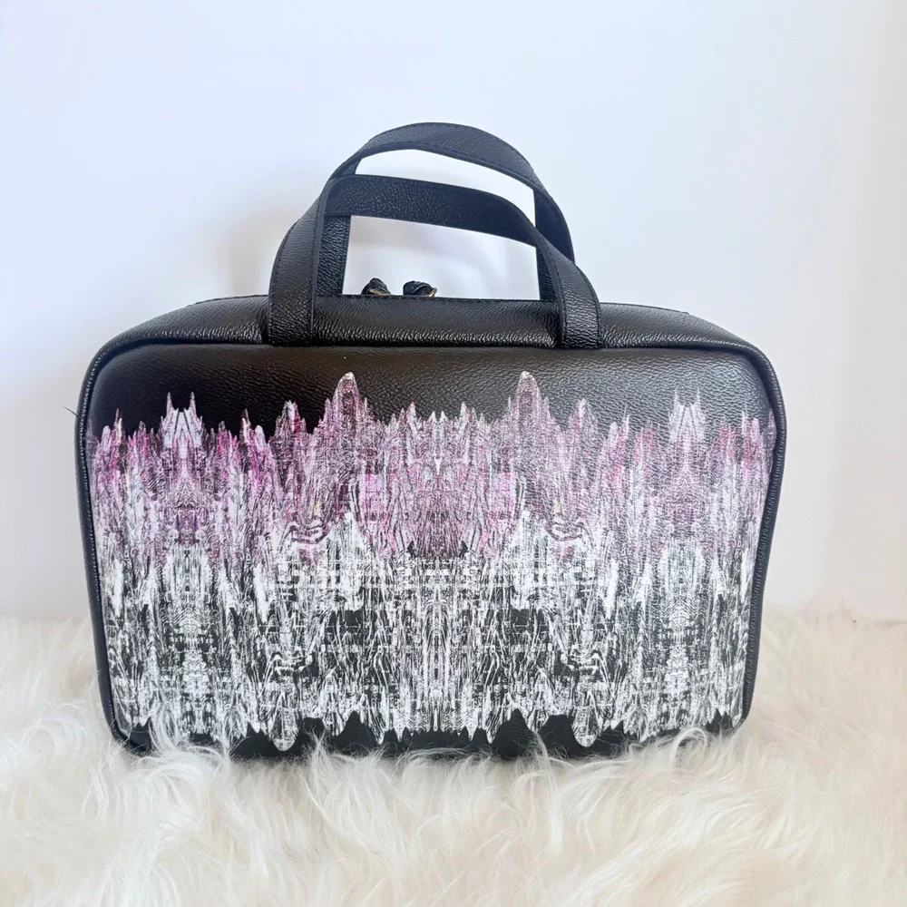 Elliott Lucca Black Pink Abstract Print Cosmetic Case Bag Double Handle Zip